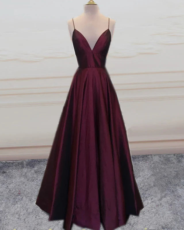 A-line Plunge Neck Sexy Long Satin Prom Dresses